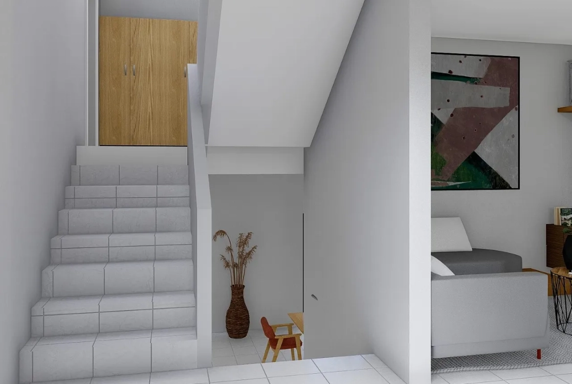 Escaleras que dan acceso al segundo nivel de color blanco con acabados de madera y en la parte de arriba un hermoso tragaluz.