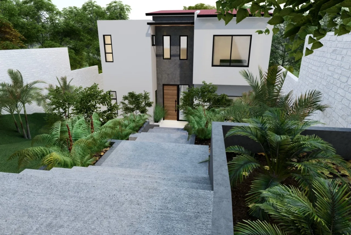 Casa en venta en el hatillo con fachada de color blanco, es de dos niveles, cuenta con unos jardines.