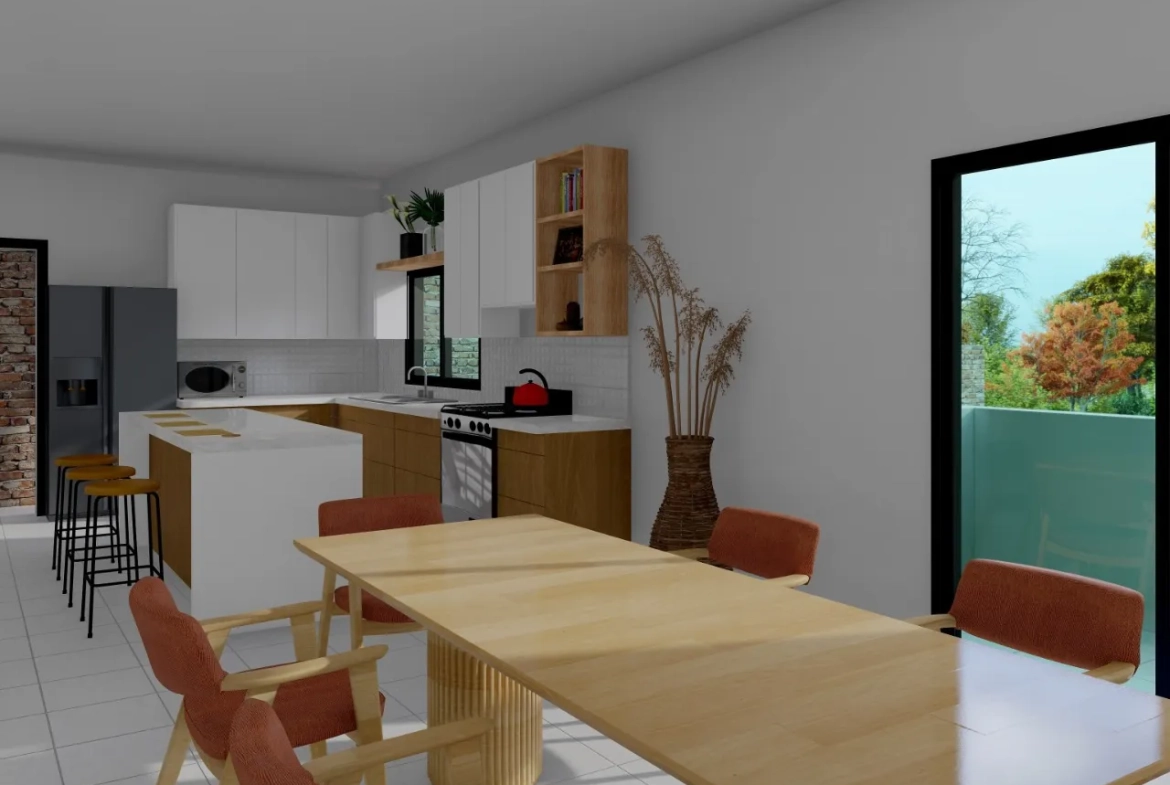 Área de comedor amplio de madera con sillas de color naranja a juego, de fondo podemos ver la cocina y se puede ver una puerta que da al exterior. natural al interio.