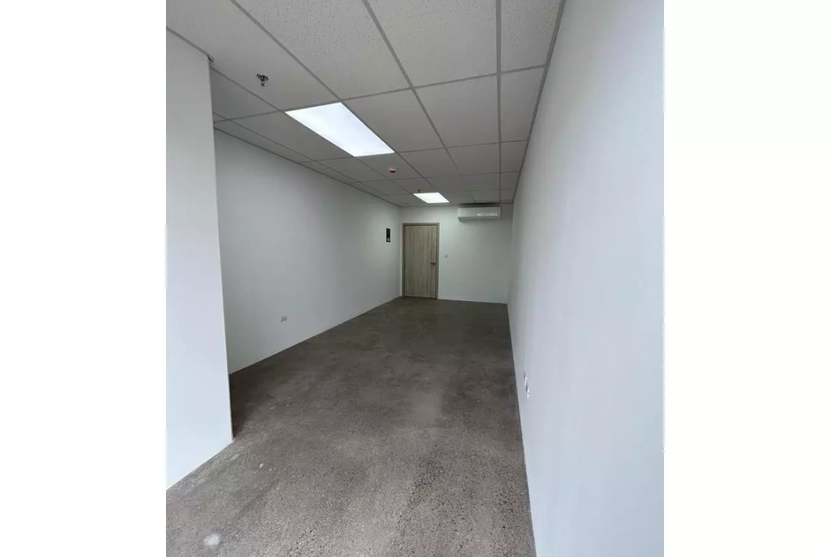 Oficina en alquiler con paredes color blanco y piso de cemento pulido.