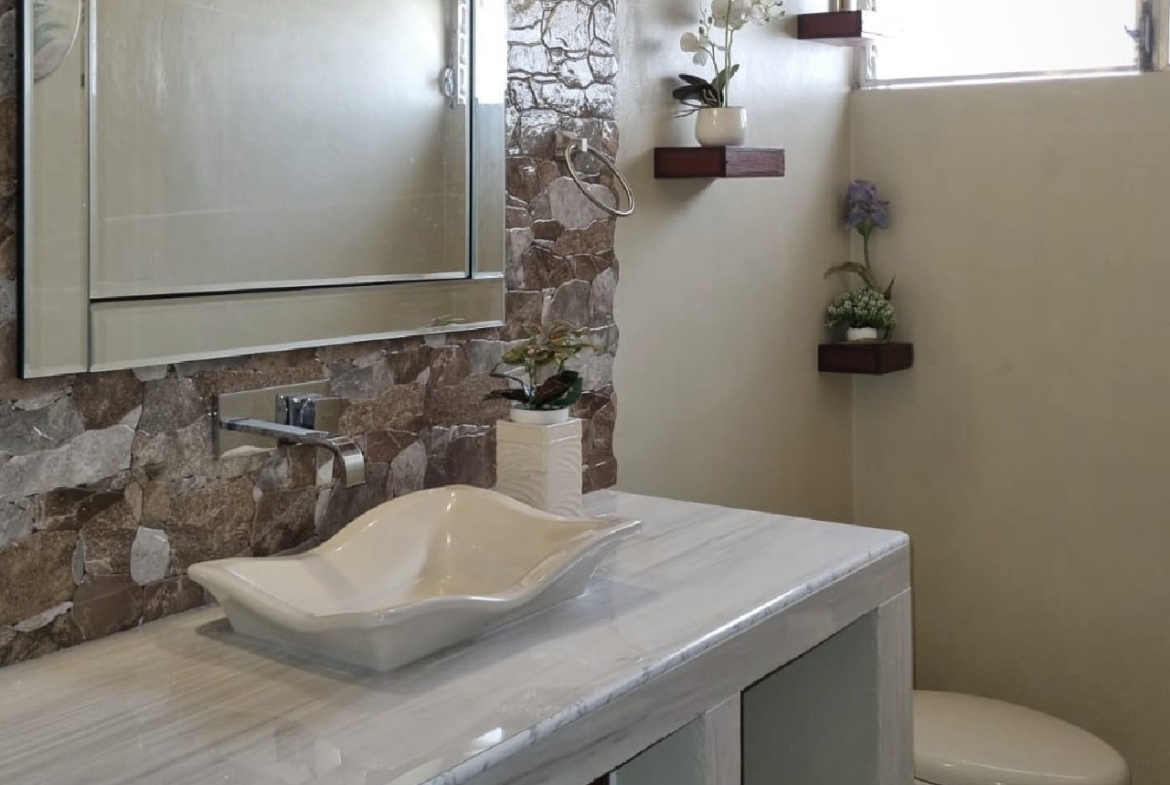Baño moderno que cuenta con pared enchapada que lo acompaña un espejo elegante, lavamanos de ceramica y plantas para armonizar el espacio.